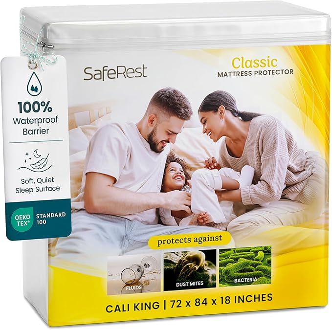 SafeRest Waterproof Mattress Protector California King Size – Absorbent Breathable Soft Fitted Bed Cover with 18" Deep Stretchable Pockets – Machine Washable California King Mattress Cover