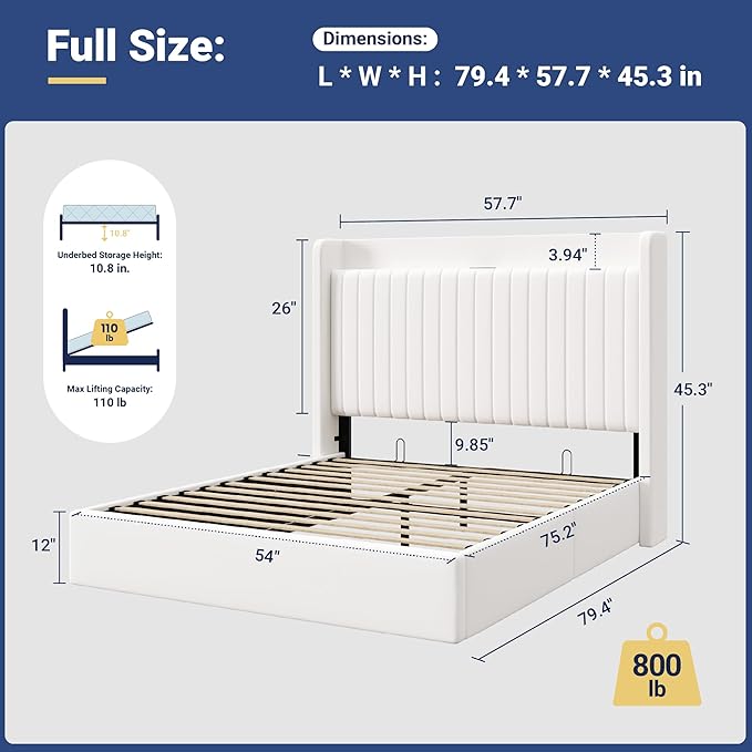 Allewie Full Size Lift Up Storage Bed Frame,Storage Shelf Headboard with Charging Station,Type-C and USB Ports,Hydraulic Support,Velvet Upholstered Bed Frame,No Box Spring Needed,White