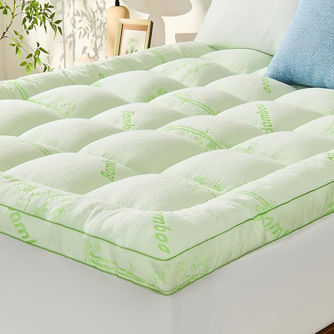 Memory Foam Mattress Topper - Viscose Made from Bamboo Pillow Top Thick California King Size Mattress Pad for Back Pain, Ultra Soft & Cooling for Hot Sleepers, 6-18'' Deep Pocket, Green