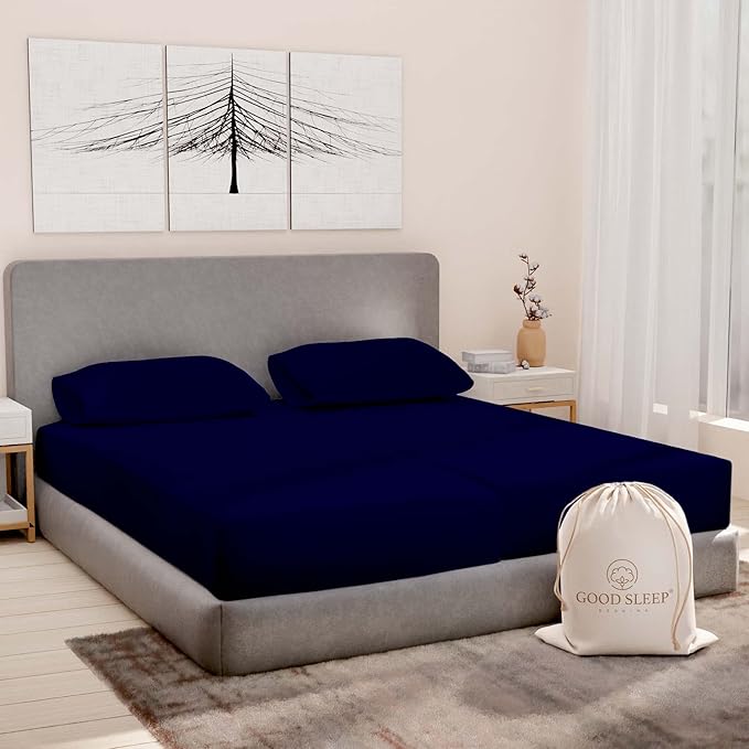 Good Sleep Bedding Split King Sheets for Adjustable Bed, 5 Piece, 100% Egyptian Cotton Sheet & Pillowcase Sets, Sateen Weave, Ultra-Soft, 16" Deep Pocket Adjustable Bed Sheets - Navy Blue