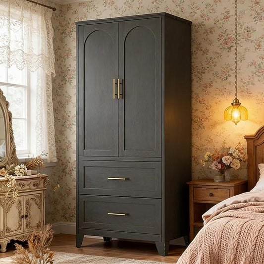 Modern 71" Steel Armoire Wardrobe Closet with 2 Drawers and Hanging Rod, Sturdy Metal 2 Door Armoire for Small Bedroom, Wardrobe Cabinet with Adjustable Shelves for Apartments, (Black)