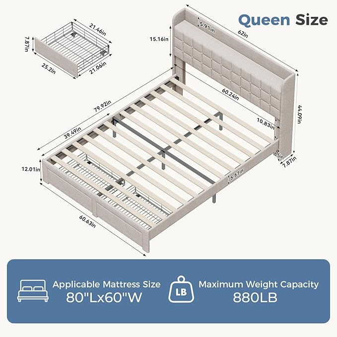 DUMOS Queen Size Upholstered Platform Bed Frame, Queen Bed with Storage Drawers and Fabric Headboard, Wooden Slats Support, 882 lbs Weight Capacity, No Box Spring Needed, Easy Assembly, Beige