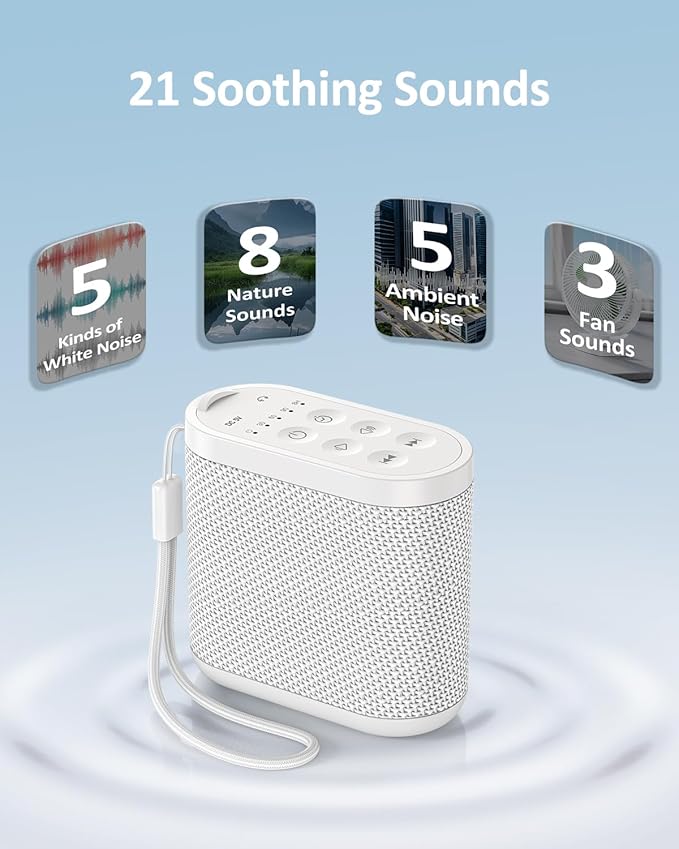 Portable Travel Sound Machine for Adults, Baby Sleeping : Super Long-Lasting & Rechargeable Battery, Headphone Jack, 21 Sounds - White Noise Machine for Office Privacy & Noise Canceling, Home, Gift