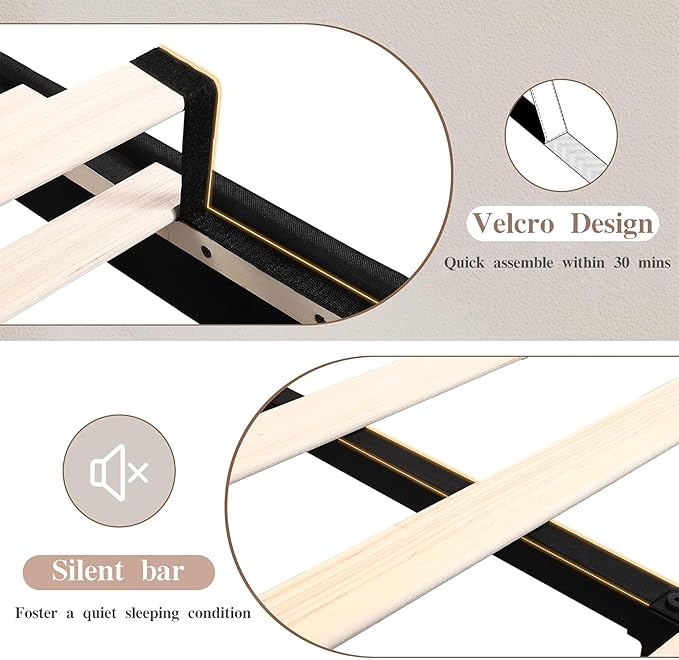 VECELO Queen Bed Frame with Type-C & USB Ports, Upholstered Platform Height-Adjustable Cotton and Linen Headboard, No Box Spring Needed, Noise-Free, Easy Assembly, Beige