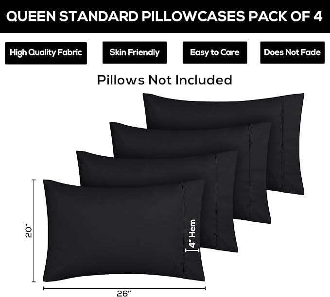 Utopia Bedding Standard Pillow Cases - 4 Pack - Envelope Closure - Soft Brushed Microfiber Fabric - Shrinkage and Fade Resistant Pillow Covers Standard Size 20 X 26 Inches (Standard, Black)