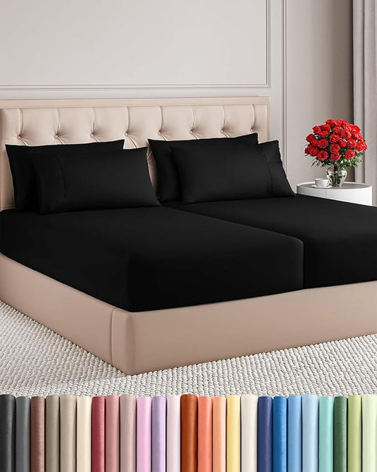 Split King 7 Piece Sheet Set - Comfy Breathable & Cooling - Hotel Luxury Bedding for Women, Men, Kids, Teens & Children - 1 Flat & 2 Fitted Sheets & 4 Pillowcases w/ Deep Pockets, Wrinkle Free - Black