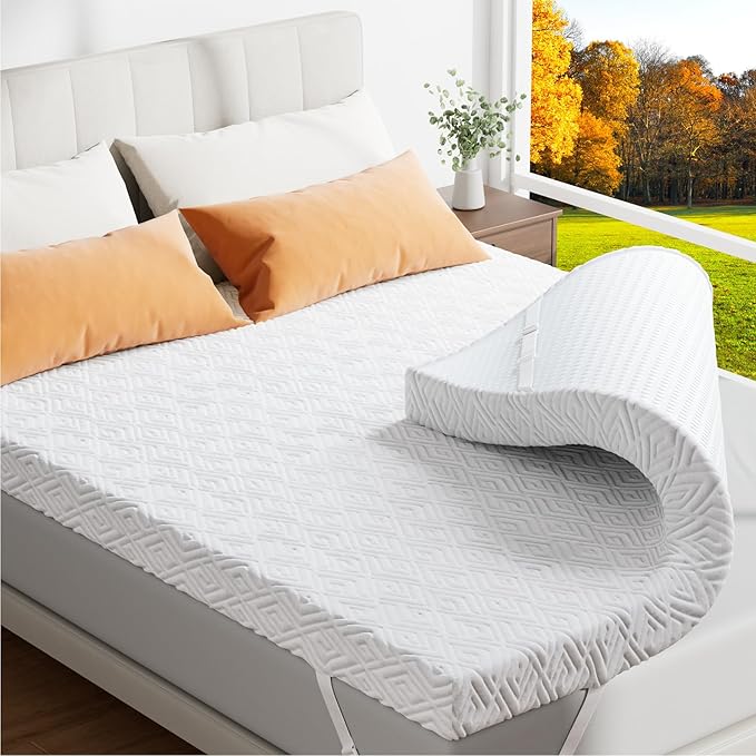 Memory Foam Mattress Topper - 3 Inch Gel Mattress Pad for Pressure Relief, Premium Soft Cooling Sleep Bed Topper, Non-Slip Design with Removable & Washable Cover (White, Full)