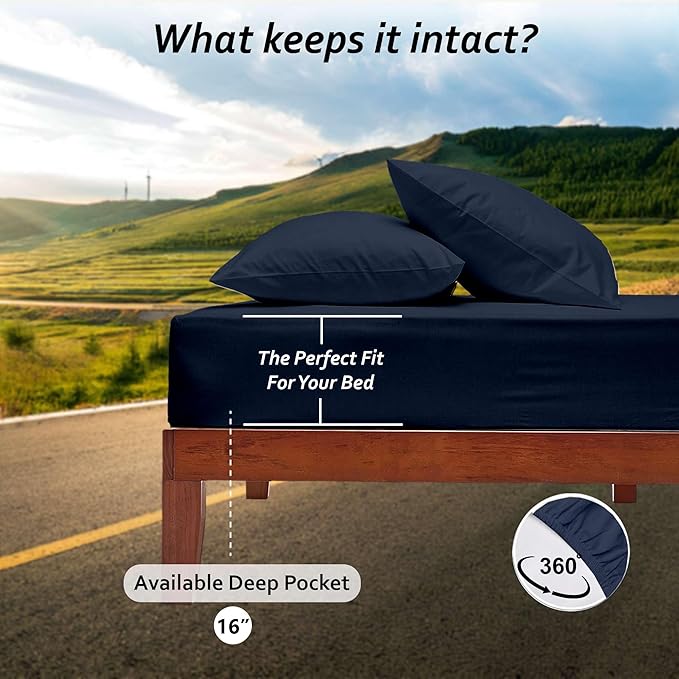 Queen RV Camper Sheet Set (60x80) – 100% Egyptian Cotton, Soft & Cooling, 16” Deep Pocket Fitted Sheet, Luxury Hotel Quality Bedding for RVs, Campers & Motorhomes (Navy Blue Solid)