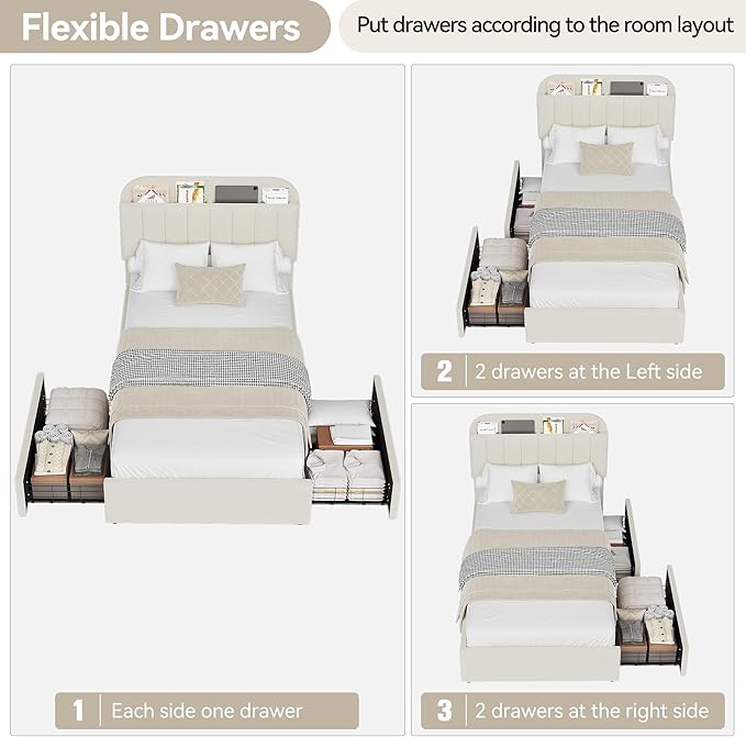 IDEALHOUSE Twin XL Bed Frame for Kids, Boucle Upholstered Platform Bed for Boys/Girls with 2 Flexible Drawers, Bookcase Headboard, Noise-Free, Easy Assembly, No Box Spring Needed, Beige