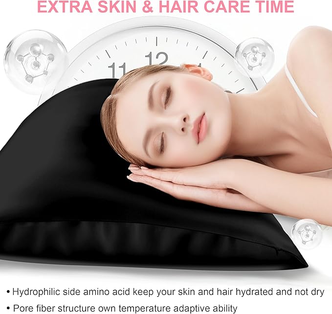 Silk Pillow Cases 2 Pack Standard Size with Hidden Zipper, Mulberry Silk Pillowcase for Hair and Skin, Smooth and Soft Breathable Cooling Silk Satin Pillowcase Set of 2, Gifts for Women，Black