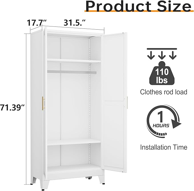 Metal Armoire Wardrobe Closet with Hanging Rod, Clothing Storage Cabinet with Adjustable Shelves for Laundry Room, Bedroom, Home Office, Bathroom, 71" White