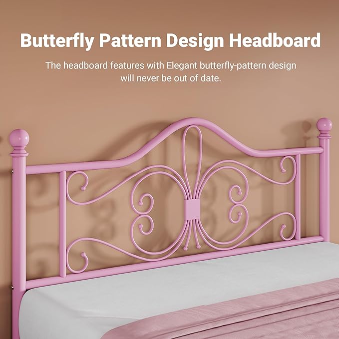 Allewie Twin Size Bed Frame with Headboard,Metal Bed Frame with Butterfly Pattern Design Headboard & Footboard,No Box Spring Needed,Easy Assembly,Pink