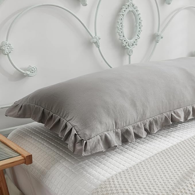 Shabby Chic 20x54in Light Grey Body Pillow Cover with Ruffled Fringe Decor