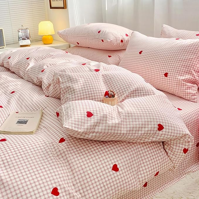 Nayoroom Gingham Duvet Cover Twin Size Pink Plaid Red Heart Printed on White Bedding Set 2 Pcs Kids Girls Cute Heart-Shaped Comforter Cover with Zipper Closure Soft Breathable Microfiber
