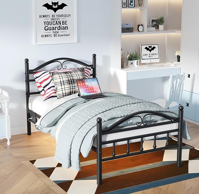 Twin Size Bed Frames with Charging Station,Black Metal Platform Bed Frame with LED Lights,Heavy Duty Metal Steel Slats Support,No Box Spring Needed,Noise Free,Easy to Assemble