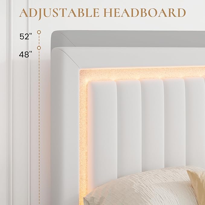 SHA CERLIN Queen Size Velvet Bed Frame with LED Light, Adjustable Vertical Channel Tufted Headboard, Strong Wooden Slats Support, Noise-Free, No Box Spring Needed, White