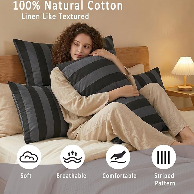 Merryword King Size Pillowcases, 100% Cotton Pillow Cases, Black and Gray Striped Pillowcases, Soft Breathable Wide Stripe Pillow Covers, Set of 2