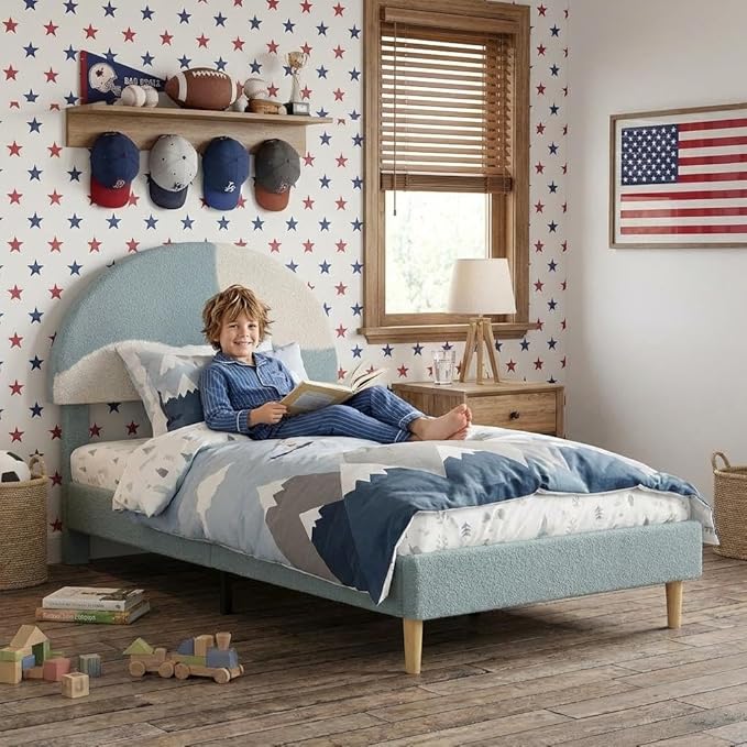 Garvee Twin Bed Frame with Upholstered Round Boucle Headboard, Arch-Shaped Design in Soft Blue and White, Modern Kids Bed with Wooden Slats, No Box Spring Required and Easy Assembly