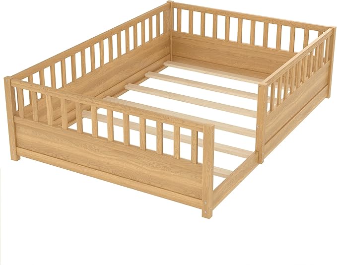 Bellemave Full Size Floor Bed with High Fence, Wood Montessori Bed with Slats and Guardrails, Full Size Montessori Floor Beds Frame for Kids, Girls, Boys, Natural