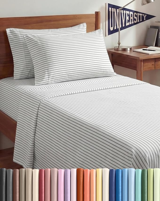 Twin XL 4 Piece Sheet Set - Comfy, Breathable & Cooling - Soft Hotel Luxury Bedding for Women, Men, Kids, Teens & Children - 1 Flat & 1 Fitted Sheet & 2 Pillowcases w/ Deep Pockets - Grey Stripes 2
