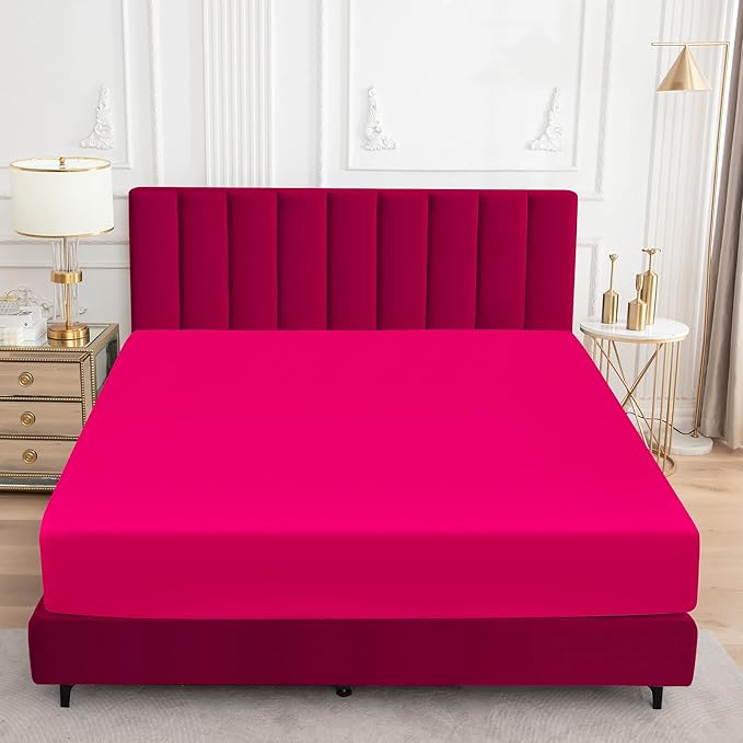 Sufdari Full Size Mattress Protector,Waterproof Mattress Protector,Fitted Sheet Style Mattress Cover with 18" Deep Pocket,Washable and Comfortable-Deep Pink,Full