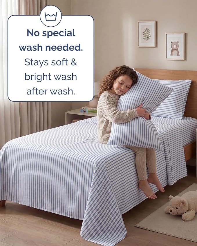 Twin 4 Piece Sheet Set - Comfy, Breathable & Cooling - Soft Hotel Luxury Bedding for Women, Men, Kids, Teens and Children - 1 Flat & 1 Fitted Sheet & 2 Pillowcases with Deep Pockets - Blue Stripes 2