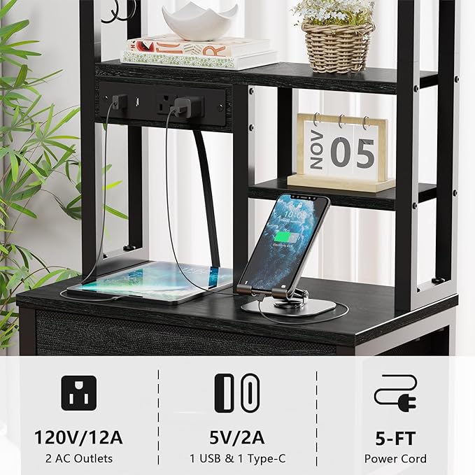 Furnulem Tall Night Stand with 3 Fabric Drawers and LED Lights, Nightstand with Bookshelf, 45.3inch Tall Bedside Tables with USB Ports in Bedroom, Dorm, Office,Metal Frame, Wood Shelves (Black Oak)