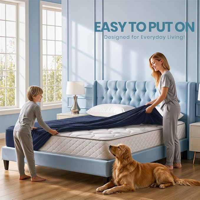 King Size Mattress Protector Waterproof, Premium 200 GSM Terry Mattress Cover, Soft & Breathable Bed Cover, Fitted Sheet Style Stretchable Deep Pockets 17" by Utopia Bedding (Navy Blue)