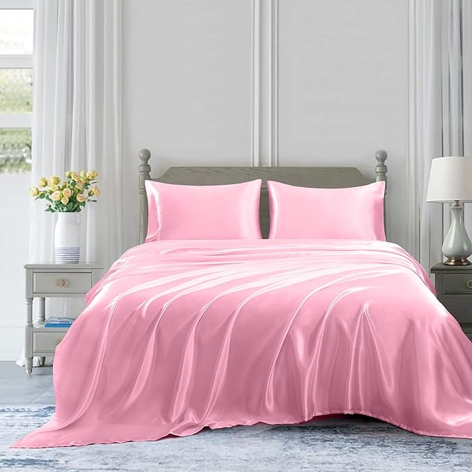 Homiest 4pcs Satin Sheets Set Luxury Silky Satin Bedding Set with Deep Pocket, 1 Fitted Sheet + 1 Flat Sheet + 2 Pillowcases (Full Size, Pink)