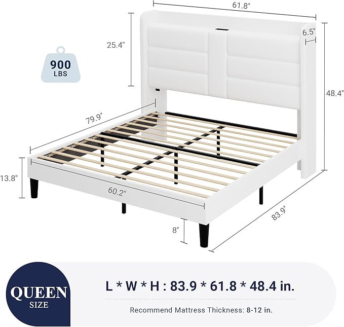 Allewie Queen Size Platform Bed Frame with Charging Station & Storage Headboard, Upholstered Velvet Wingback Design & USB Port, Strong Wooden Slats Support, No Box Spring Needed, Easy Assembly, White