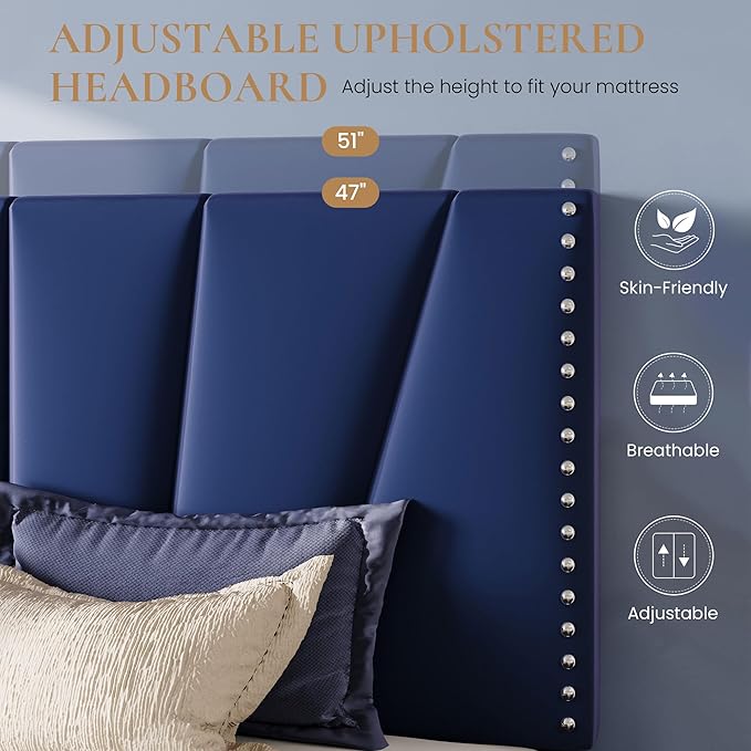 SHA CERLIN Queen Size Bed Frame with Adjustable Upholstered Velvet Rivets Headboard, Sturdy Wooden Slats, Strong Platform Support for Mattress, No Box Spring Needed, Easy Assembly, Blue