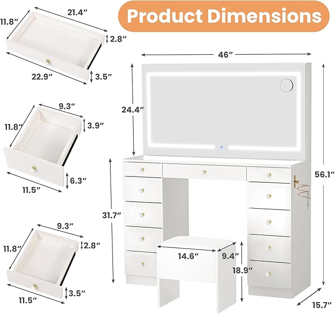 Pamapic Glass Top Makeup Vanity with Crystal Handles, 11 Drawers Vanity Desk with Mirror and Stool, 3 Lighting Modes Dressing Table with Charging Station, White