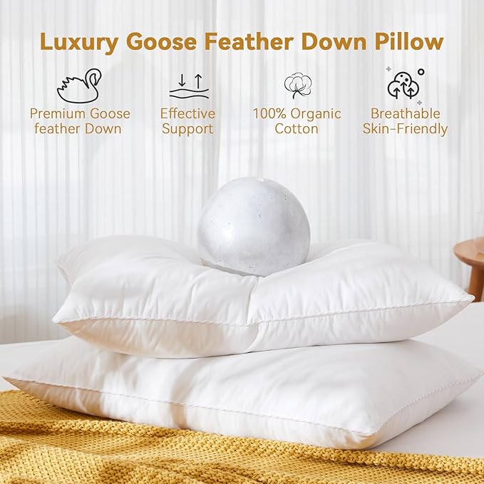 L LOVSOUL Goose Feather Down Pillow Queen Size of 2,Ultra Soft 100% Organic Cotton Fabric, 700TC,800 Fill Power, Luxury Hotel Collection Bed Gusseted Pillows for Back, Stomach or Side Sleepers