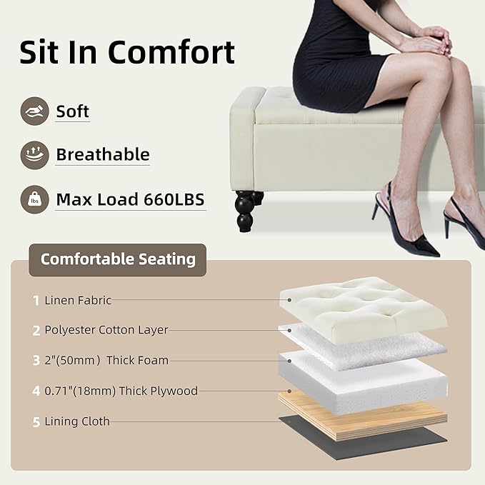 50" W Storage Ottoman Bench with Safety Hinge, Load up to 660 lb Ottoman with Storage, Upholstered Tufted Entryway Bench with Seating for Living Room, Bedroom, (Beige)
