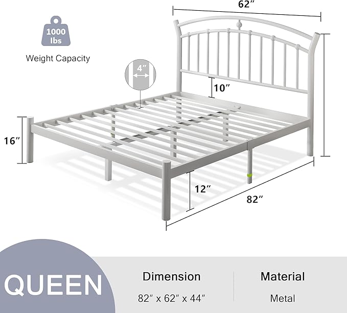 Einhomn Queen Bed Frame, White Metal Bed Frame with 12" Under-Bed Storage, Heavy Duty Steel Slat Support, No Box Spring Needed, Easy Assembly, Noise-Free
