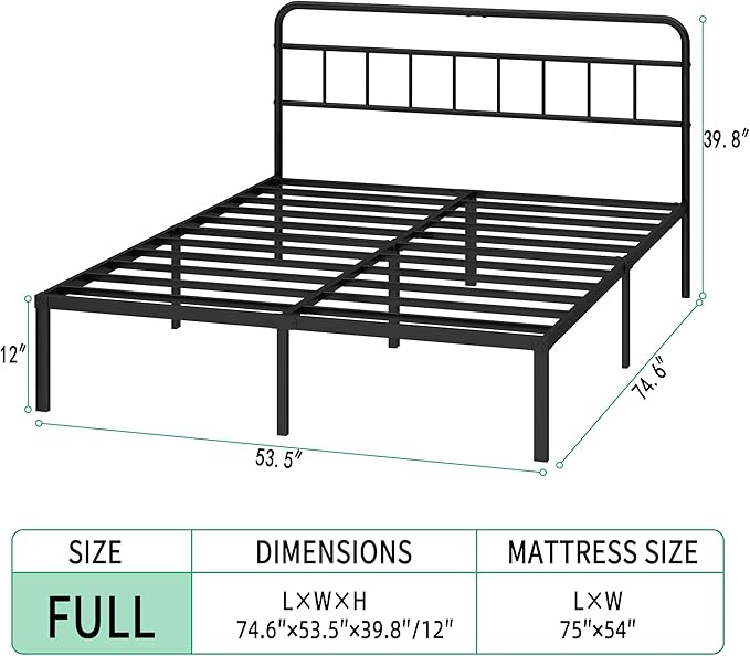 Full Bed Frame with Classic Headboard,Strong Metal Slats Support,Under Bed Storage Space,No Box Spring Needed,Easy to Assemble,Black
