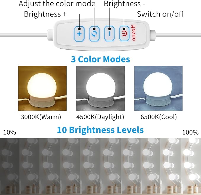 LED Vanity Mirror Lights with 12 Stick On Dimmable Bulbs, 3000K 4500K 6500K & 10 Brightness Levels Adjustable, Plug in USB Cable, Hollywood Style Mirror Lights for Makeup Desk Bathroom Dressing Room