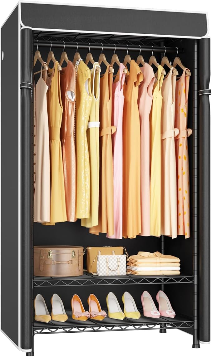 ULIFHOME H5C Clothes Rack with Cover, Portable Closet for Hanging Clothes, Covered Clothing Racks Heavy Duty, Garment Racks with Shelves, Max Load 360LBS, Black Closet Rack with Black Cover