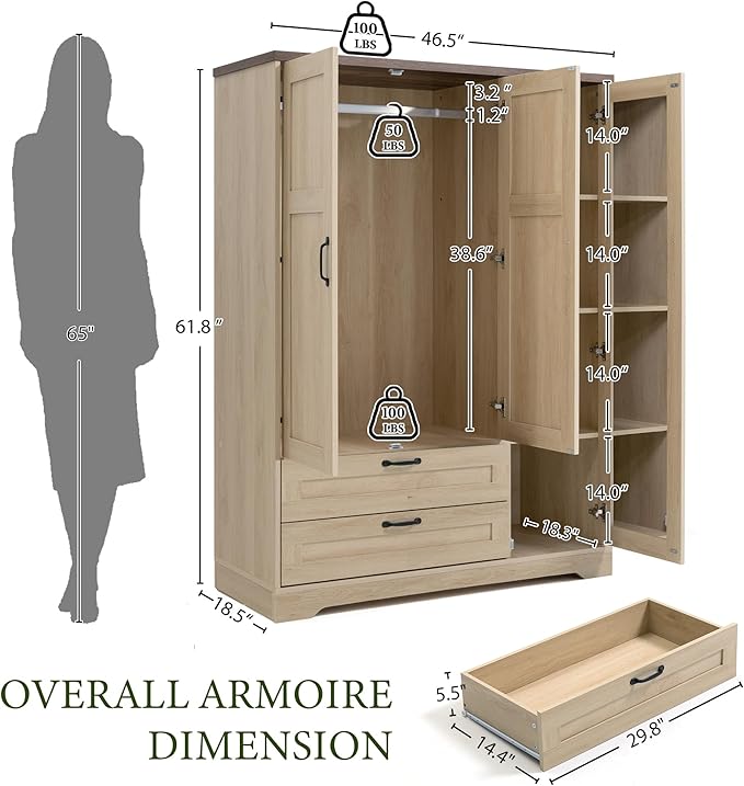 Yechen 3-Door Wooden Armoire Wardrobe Closet with Drawers and Shelves, Bedroom Armoires Closet with Mirror for Hanging Clothes, Coat, Farmhouse Wardrobe Cabinet for Large Storage Needed