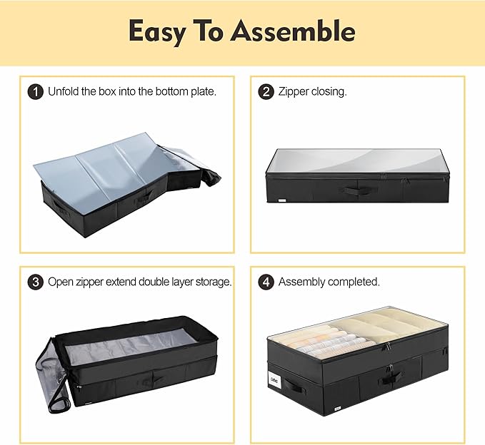 Supowin Large Under Bed Storage Containers, 2-Pack Double Layer Underbed Storage Bins with 3 Handles, 70L Extensible/Closed Clothes Storage Organizer with Sturdy Bottom Sidewalls, Black