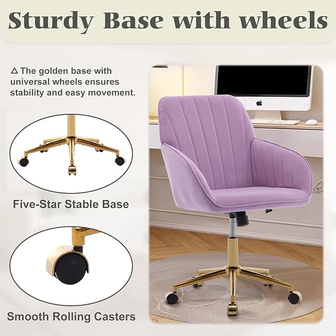 Velvet Vanity Chair with Wheels, Height Adjustable Swivel Makeup Chair, Armless Small Desk Chair for Bedroom/Office/Vanity Table, 250 lbs Capacity (Velvet, Lilac-2)