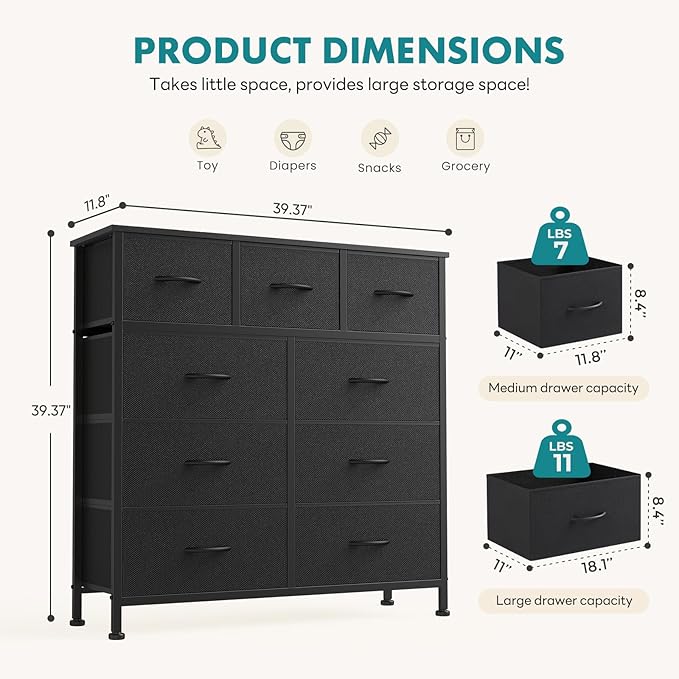 OLIXIS 9 Drawer Storage Dresser with Wood Top - Wide Fabric Chest Organizer for Bedroom, Closet, Living Room,Tower Cabinet, TV Stand, Hallway Entryway Furniture,Carbon Black
