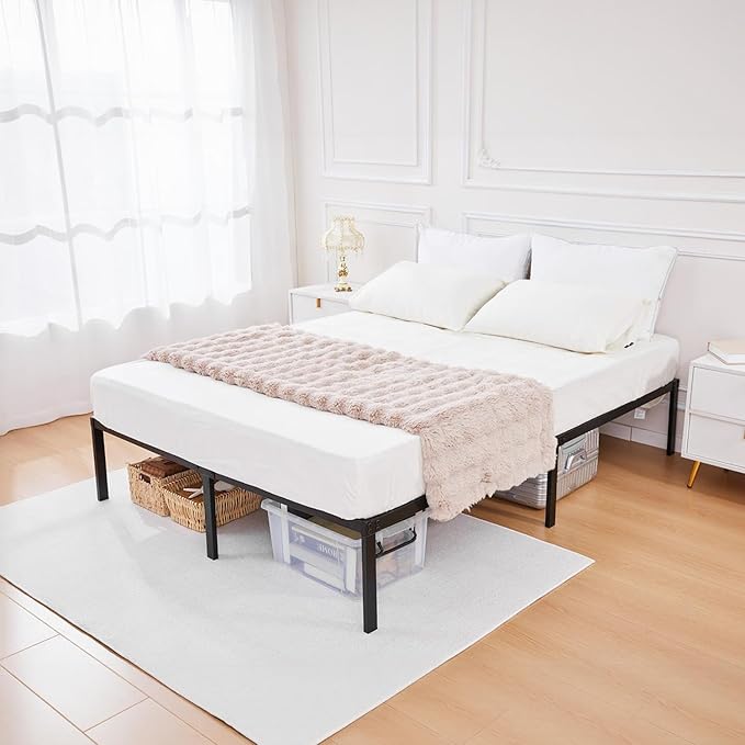 Heavy Duty Metal Bed Frame Full Size 54" W 75 "L 14 "H inch with Storage Mattress Foundation Steel Slats Platform Easy Assembly Black