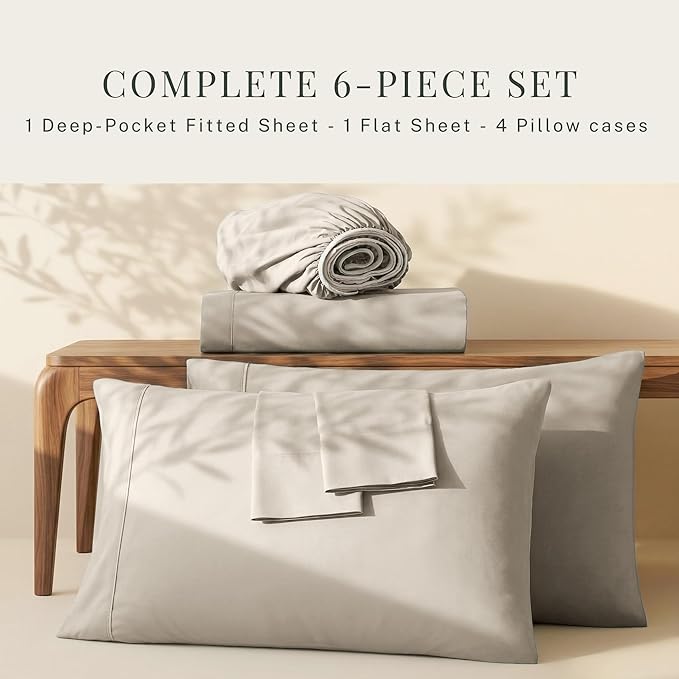 Hearth & Harbor Bed Sheets, Luxury Soft 6 Piece Bed Sheet Set Extra Deep Pocket Fitted Sheets Fits Mattress up to 21", Double Brushed Bedding Sheets & Pillowcases, Twin, Natrual Linen
