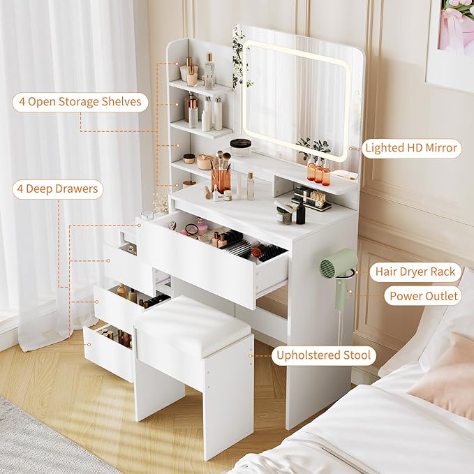 GarveeHome Makeup Vanity with Mirror and Lights, 36-Inch Vanity Desk, 4 Large Drawers Dresser, 3 Lighting Modes, Stool & Charging Station, Modern Vanity Table for Bedroom, Women,