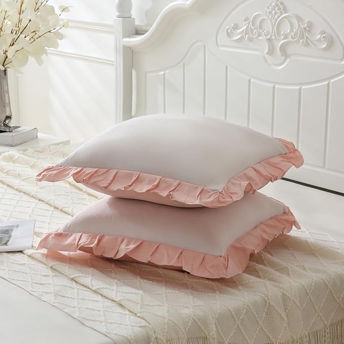 Merryword Beige and Pink Reversible Pillowcases 18x18 Throw Pillow Covers Pack of 2 Soft Microfiber Ruffle Decorative Pillowcase Cushion for Couch Sofa Bedroom