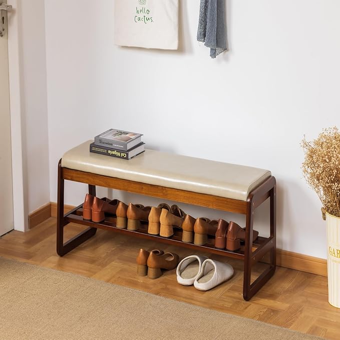SOBIBO Shoe Bench with Storage - 2-Tier Entryway Bench, Solid Wood Shoe Rack with Cushion & Flip-Open Box, Mid-Century Modern for Hallway, Mudroom, Bedroom (Gray, 39.4'')