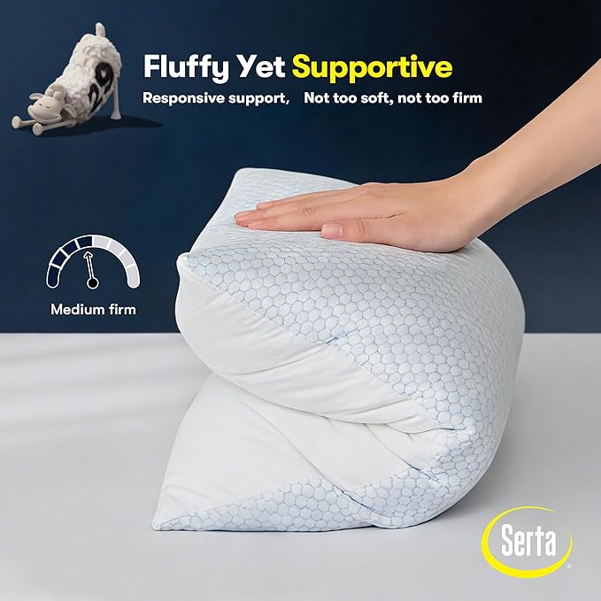 Serta Cooling Down Alternative Bed Pillows King Size Set of 2, Reversible Cooling & Cotton Fabric, Medium Firm, Breathable Support for Hot, Side, Back & Stomach Sleepers, 20" x 36"