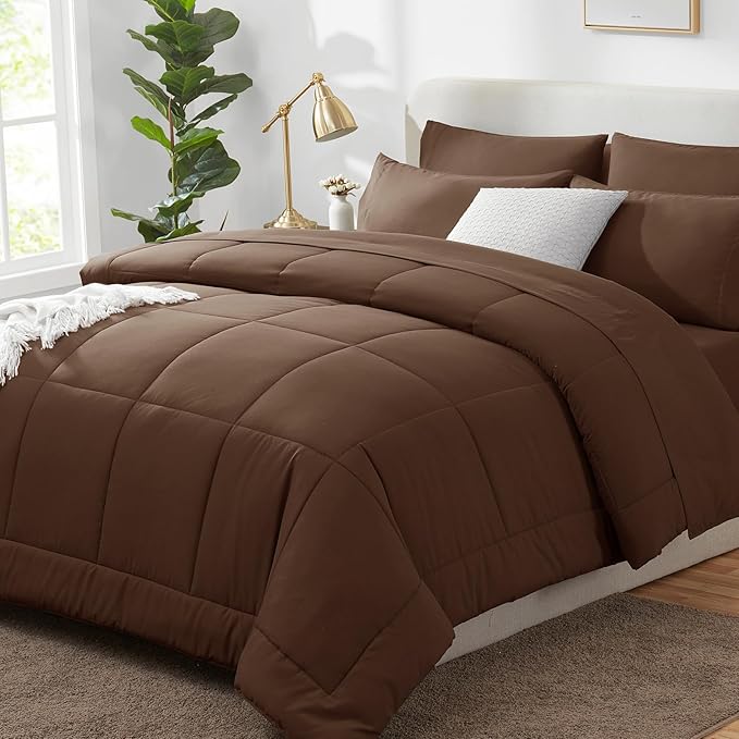 CozyLux Oversized King Comforter Sets Brown, 7 Pieces Bed in a Bag, Ultra-Soft All Season Bedding Sets with Stitch Quilted Comforter, Flat Sheet, Fitted Sheet, Pillowcases