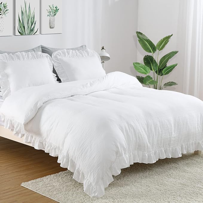 CAROMIO White Ruffled Duvet Cover Twin, 2PCS Soft Washed Microfiber Vintage French Country Duvet Cover Set for Kids Girls, White, 68x90 in